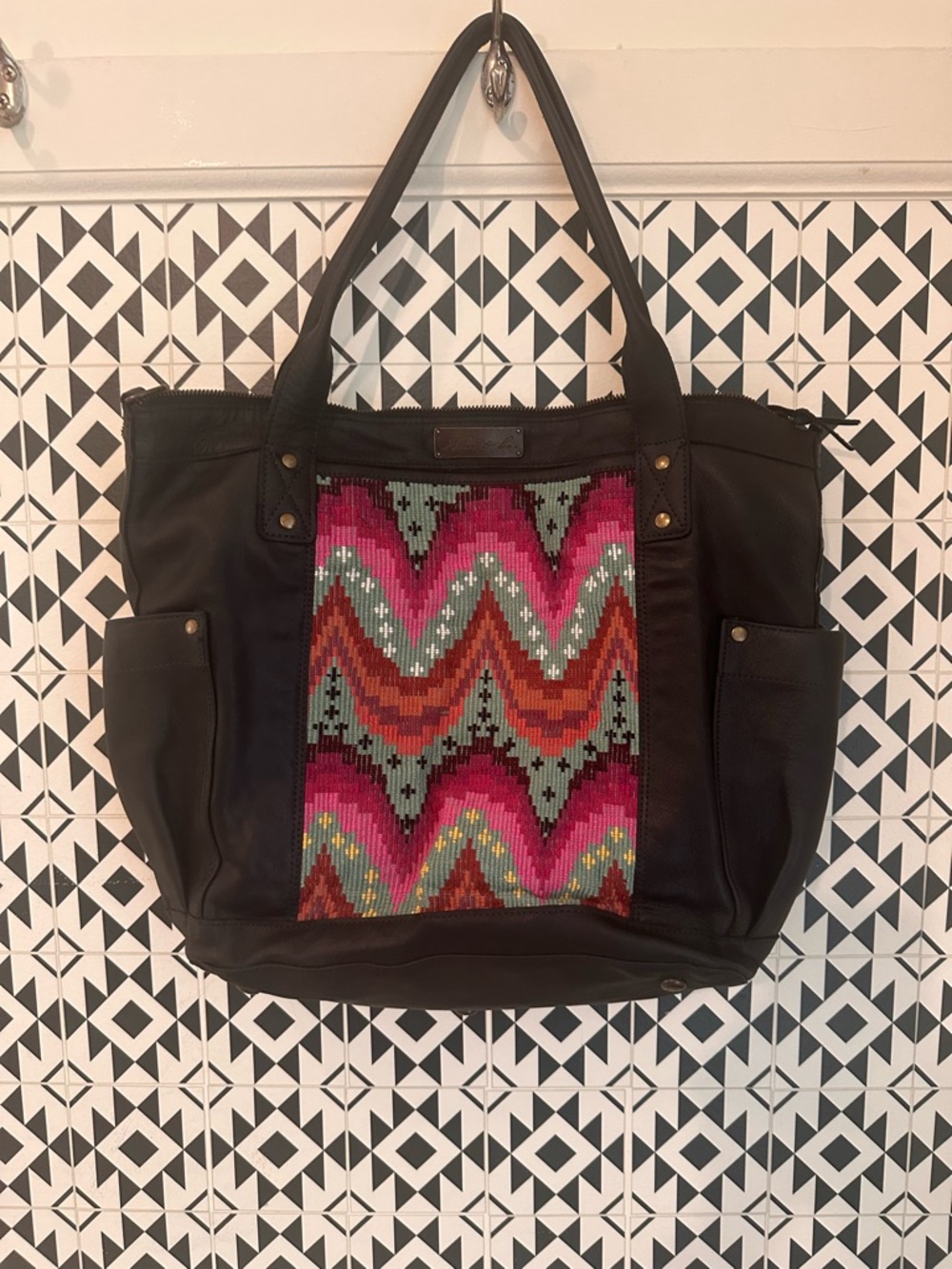 Nena & Co. Black Tote with Multicolor Zigzag Panel